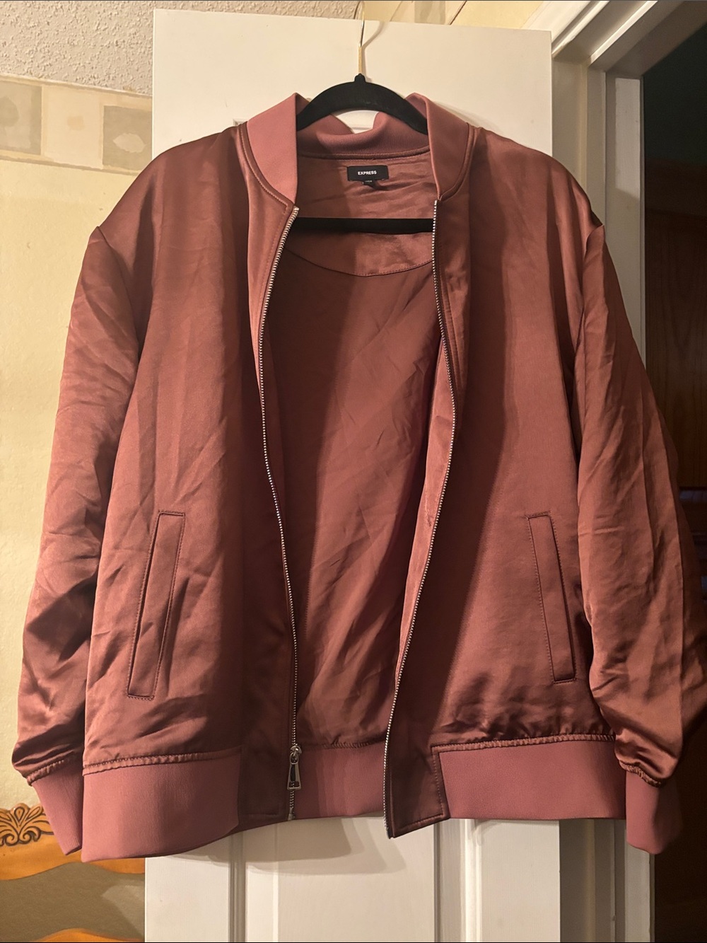Express Rose-Brown Satin Bomber Jacket